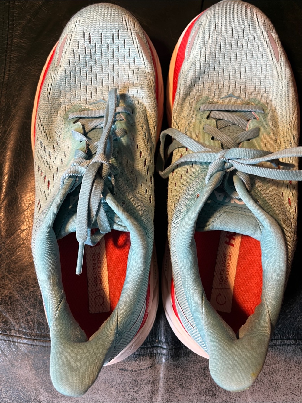 Hoka Clifton 8 Light Blue Running Sneakers with Coral Accents